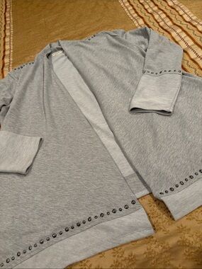 Cypress Heather Gray Open-Front Cardigan with Stud Trim, Poly Blend, Washable, L
